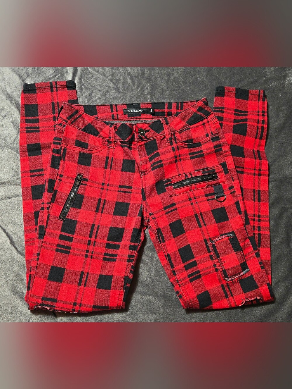 Blackheart Red Black Plaid Skinny Pants w/Zippers & Patches Punk Goth 5